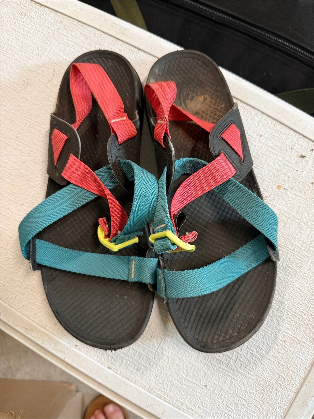 Chaco Men's/Unisex Teal and Coral Strap Sandals with Yellow Accents